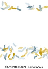 Elegant silver gold feathers vector background. Decoration confetti of carnival plumelet. Flying feather elements airy vector design. Plumage bohemian fashion shower decor.