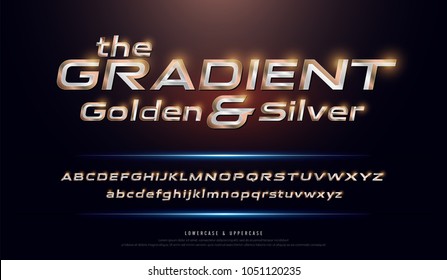 Elegant Silver And Golden Gradient Colored Metal Chrome Alphabet Font. Typography Modern Style Gold Font Set For Logo, Poster, Invitation. Vector Illustration