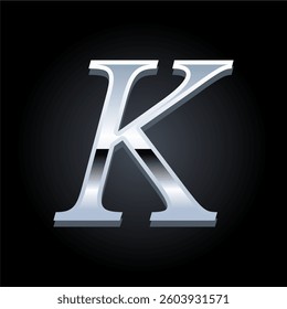 Elegant Silver Letter K Shiny Metallic Typography on Black Background for Luxury Branding and Design
