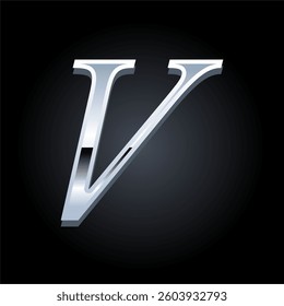 Elegant Silver Letter V Shiny Metallic Typography on Black Background for Luxury Branding and Design
