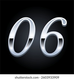 Elegant Silver Number 06 Shiny Metallic Typography on Black Background for Luxury Branding and Design