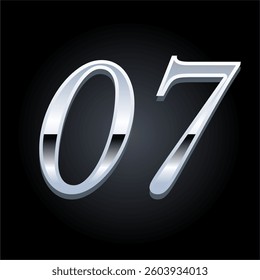 Elegant Silver Number 07 Shiny Metallic Typography on Black Background for Luxury Branding and Design
