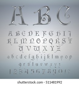 Elegant Silver Platinum Font,Alphabet, ABC and numers Vector