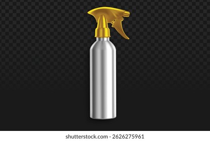 Elegant silver spray bottle with gold accents on the trigger and nozzle, perfect for high-end cosmetic, fragrance, or cleaning product mockups. Ideal for luxury branding and e-commerce visuals.
