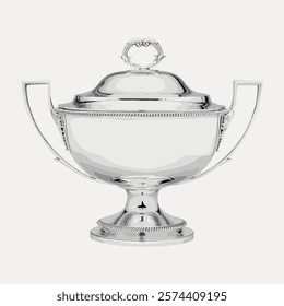 Elegant silver trophy cup with handles, featuring a classic design. This silver trophy is perfect for awards, celebrations, and recognition events. Vintage art drawing, isolated vector element.