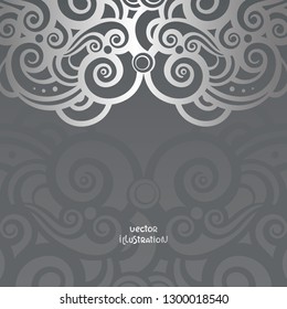 Elegant silver vignette with curly waves and swirls. Abstract vector illustration with place for your text. Template for invitation and greeting card decoration on gray background.