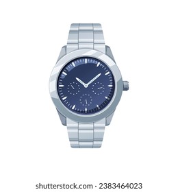 Elegante silberne Uhr, Vektorgrafik einzeln auf weißem Hintergrund.