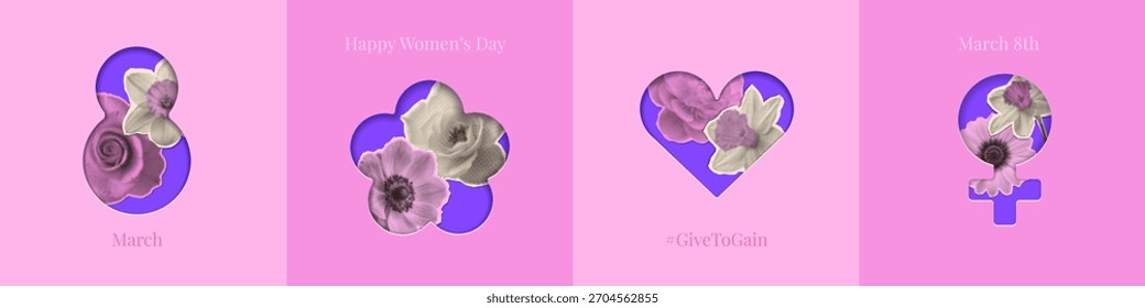 Elegantes tarjetas simples con capas de papel 3d con flores en agujeros, celebrando el 8 de marzo Día de la Mujer en estilo de corte de papel. IWD 2026 de GiveToGain. Vector