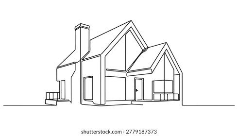 A elegant and simple continuous line drawing of a modern house. This minimalist illustration captures the essence of a cozy family home with a chimney, roof, and large windows. The clean black lines on a plain field create a sophisticated aesthetic suitable for real estate marketing, architectural branding, home improvement projects, property listings, and mortgage services. Its fluid design style emphasizes simplicity, modern living, and structural clarity, making it a versatile graphic element for various design needs.