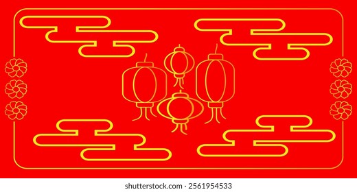 elegant and simple design of chinese new year card, background, poster. with lantern, flower, and cloud ornament. with red and gold color, perfect for chinese new year celebration.