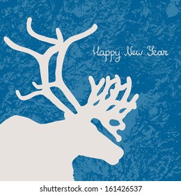 Elegant and simple happy new year card made in white and blue with Christmas deer silhouette. Cute fully editable holiday illustration drawn in vector by hand.