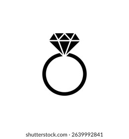 Elegant simple illustration of a diamond engagement ring. The ring and faceted diamond are rendered in a bold black outline against a clean white background.