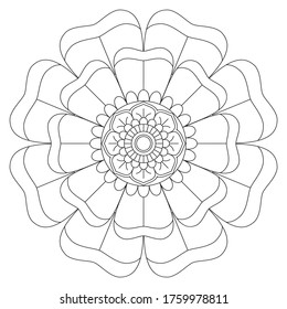 Elegant Simple Mandala Flower Design. Easy mandala,
intricate lines patterns wall art, invitations, branding,  designs, basic mandalas Coloring Book page, adults, seniors, beginners, drawing.