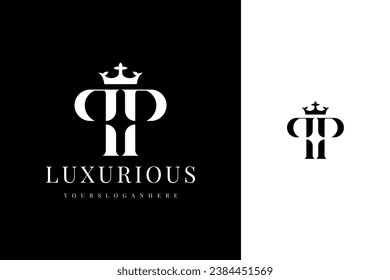 elegant simple minimal luxury serif font alphabet double letter p monogram logo design with crown