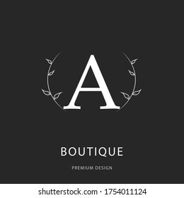 Monograma simple elegante, letra A. Logo creativo. Diseño de líneas de arte. Rama con hojas. Emblema minimalista. Planilla dibujada para el diseño de libros, restaurante, bodas, boutique, invitación. Ilustración del vector