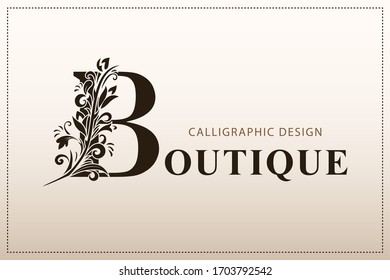 Elegante Monograma simple, letra B. Logo creativo. Diseño de arte de línea. Rama con hojas. Emblema vintage. Planta dibujada para diseño de libros, restaurante, bodas, boutique, invitación. Ilustración del vector