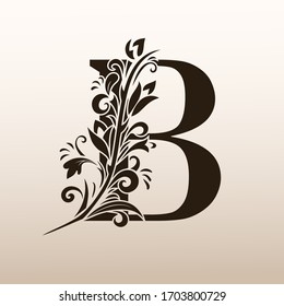 Elegant Simple monogram, letter B. Creative logo. Line art design. Branch with leaves. Vintage Emblem. Drawn Template for Book Design, Restaurant, Wedding, Boutique, Invitation. Vector illustration