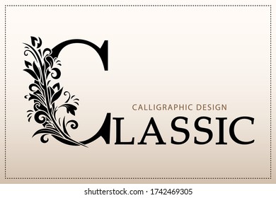 Elegant Simple monogram, letter C. Creative logo. Line art design. Branch with leaves. Vintage Emblem. Drawn Template for Book Design, Restaurant, Wedding, Boutique, Invitation. Vector illustration
