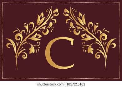 Elegant Simple monogram, letter C. Creative logo. Line art design. Branch with leaves. Vintage Emblem. Drawn Template for Book Design, Restaurant, Wedding, Boutique, Invitation. Vector illustration