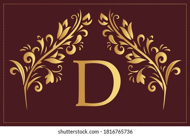 Elegant Simple monogram, letter D. Creative logo. Line art design. Branch with leaves. Vintage Emblem. Drawn Template for Book Design, Restaurant, Wedding, Boutique, Invitation. Vector illustration