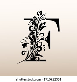 Elegant Simple monogram, letter F. Creative logo. Line art design. Branch with leaves. Vintage Emblem. Drawn Template for Book Design, Restaurant, Wedding, Boutique, Invitation. Vector illustration