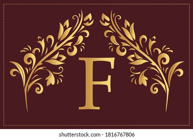 Elegant Simple monogram, letter F. Creative logo. Line art design. Branch with leaves. Vintage Emblem. Drawn Template for Book Design, Restaurant, Wedding, Boutique, Invitation. Vector illustration