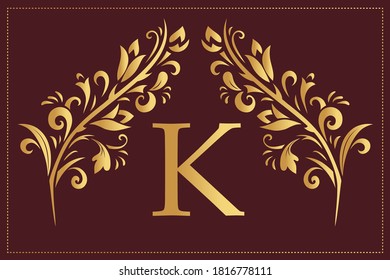 Monograma simple elegante, letra K. Logo creativo. Diseño de líneas de arte. Rama con hojas. Emblema vintage. Planilla dibujada para el diseño de libros, restaurante, bodas, boutique, invitación. Ilustración del vector