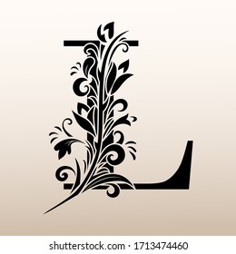 Elegant Simple monogram, letter L. Creative logo. Line art design. Branch with leaves. Vintage Emblem. Drawn Template for Book Design, Restaurant, Wedding, Boutique, Invitation. Vector illustration