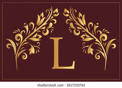 Elegant Simple monogram, letter L. Creative logo. Line art design. Branch with leaves. Vintage Emblem. Drawn Template for Book Design, Restaurant, Wedding, Boutique, Invitation. Vector illustration