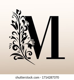 Elegant Simple monogram, letter M. Creative logo. Line art design. Branch with leaves. Vintage Emblem. Drawn Template for Book Design, Restaurant, Wedding, Boutique, Invitation. Vector illustration