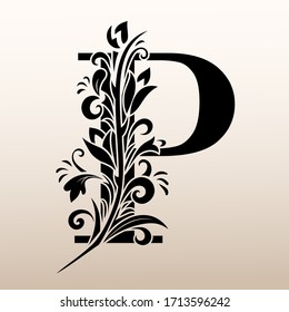 Elegant Simple monogram, letter P. Creative logo. Line art design. Branch with leaves. Vintage Emblem. Drawn Template for Book Design, Restaurant, Wedding, Boutique, Invitation. Vector illustration