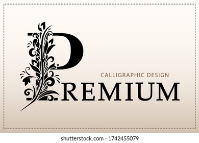 Elegant Simple Monogram, Buchstabe P. Creative Logo. Line Art Design. Zweig mit Blättern. Vintage Emblem.  Vektor-Abbildung