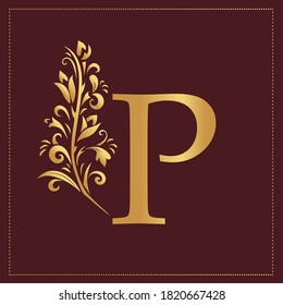 Elegant Simple monogram, letter P. Creative logo. Line art design. Branch with leaves. Vintage Emblem. Drawn Template for Book Design, Restaurant, Wedding, Boutique, Invitation. Vector illustration