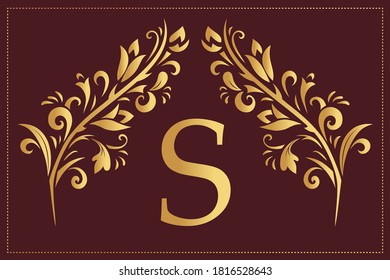 Elegant Simple monogram, letter S. Creative logo. Line art design. Branch with leaves. Vintage Emblem. Drawn Template for Book Design, Restaurant, Wedding, Boutique, Invitation. Vector illustration