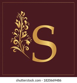Elegant Simple monogram, letter S. Creative logo. Line art design. Branch with leaves. Vintage Emblem. Drawn Template for Book Design, Restaurant, Wedding, Boutique, Invitation. Vector illustration