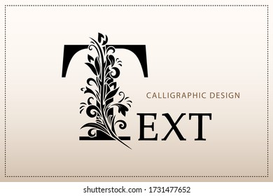 Elegant Simple monogram, letter T. Creative logo. Line art design. Branch with leaves. Vintage Emblem. Drawn Template for Book Design, Restaurant, Wedding, Boutique, Invitation. Vector illustration