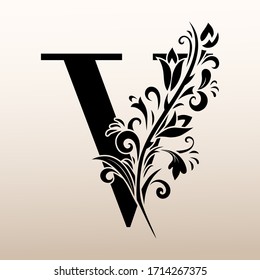 Elegantes Einfaches Monogramm, Buchstabe V. Kreatives Logo. Line Art Design. Zweig mit Blättern. Vintage Emblem. Vorlage für Buchdesign, Restaurant, Hochzeit, Boutique, Einladung. Vektorillustration