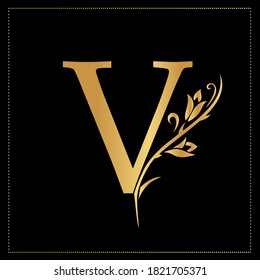 Elegant Simple monogram, letter V. Creative logo. Line art design. Branch with leaves. Vintage Emblem. Drawn Template for Book Design, Restaurant, Wedding, Boutique, Invitation. Vector illustration
