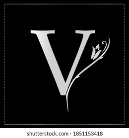 Elegant Simple monogram, letter V. Creative logo. Line art design. Branch with leaves. Vintage Emblem. Drawn Template for Book Design, Restaurant, Wedding, Boutique, Invitation. Vector illustration
