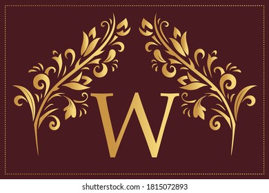 Elegant Simple monogram, letter W. Creative logo. Line art design. Branch with leaves. Vintage Emblem. Drawn Template for Book Design, Restaurant, Wedding, Boutique, Invitation. Vector illustration
