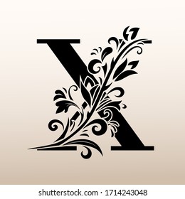 Elegante Monograma simple, letra X. Logo creativo. Diseño de arte de línea. Rama con hojas. Emblema vintage. Planta dibujada para diseño de libros, restaurante, bodas, boutique, invitación. Ilustración del vector