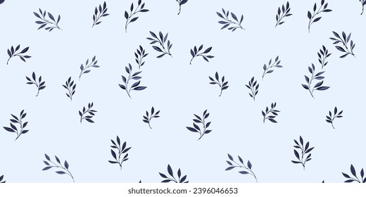 Elegant simple pattern with tiny branches leaves. Stylized dark leaf stems on a white background. Vector hand drawn sketch. Design for fashion, fabric, wallpaper.