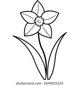 Elegante e simples, esta ilustração de arte de linha em preto e branco apresenta uma flor de narciso da primavera em plena floração. 