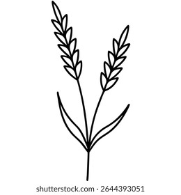 Elegant and simple, this black and white vector illustration depicts a single wheat stalk.