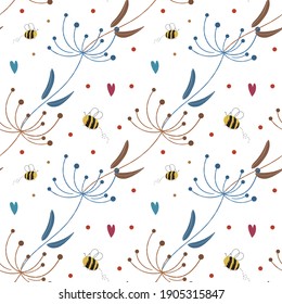 Elegant simple vector pattern with dandelions, bees, circles, hearts.  Stylized dandelion with seeds on a white background. Seamless pattern of dandelion