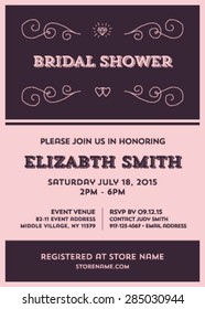 Elegant And Simple Vector Wedding, Bridal Shower Or Engagement Invitation. Simple Template With Icons, Filigree And Copy Space Text.