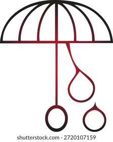Uma ilustração gráfica simplista elegante de um guarda-chuva vermelho com gotas de chuva descendentes apresentada como um design vetorial sobre fundo transparente
