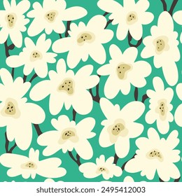 Elegant and simplistic vector seamless pattern design, repeating background with spring flowers for web and print use