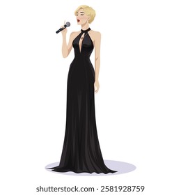 Elegant singer in a black dress holding a microphone. Vector illustration