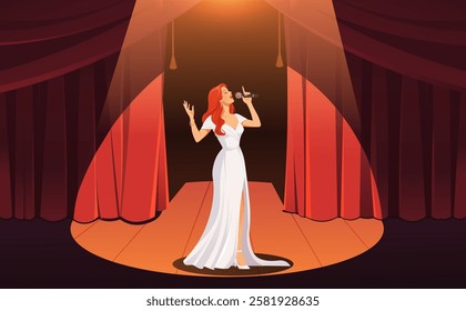 Elegant singer performing on stage in spotlight. Vector illustration